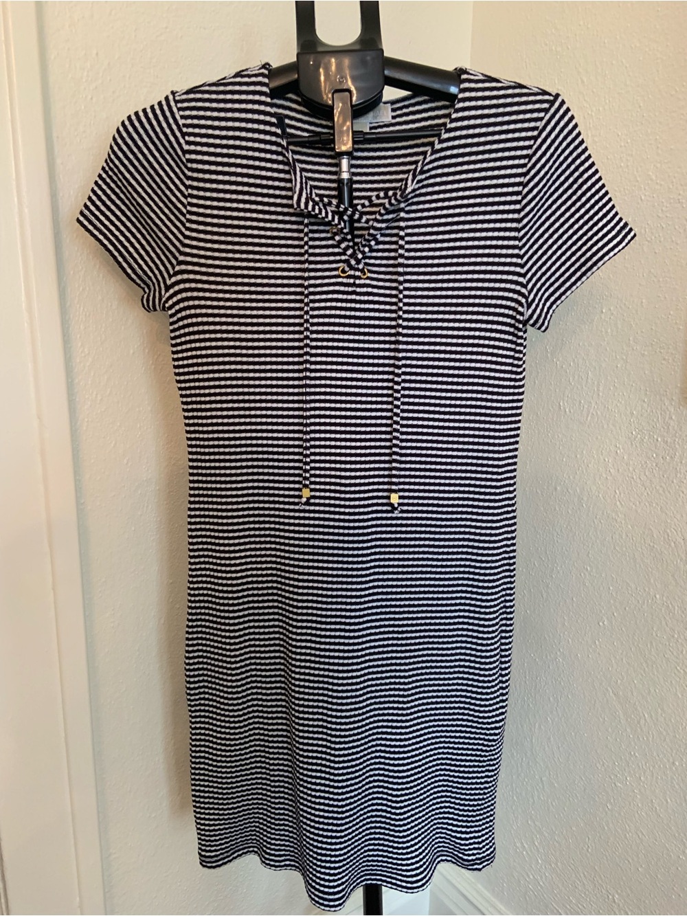 Michael Kors Black & White Striped Lace-Up Shift Dress